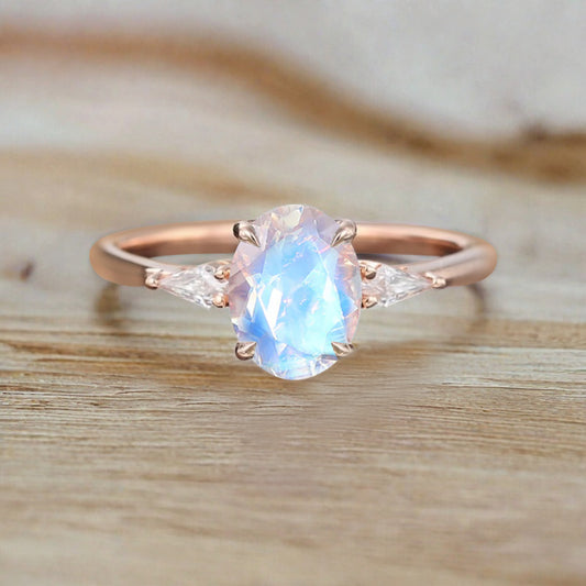 Vintage Oval Mondstein Verlobungsring Unikat Opal Moissanit Versprechensring
