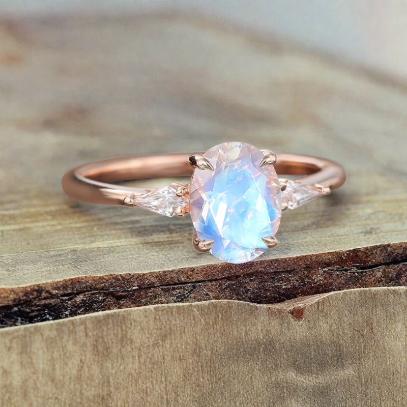 Vintage Oval Mondstein Verlobungsring Unikat Opal Moissanit Versprechensring
