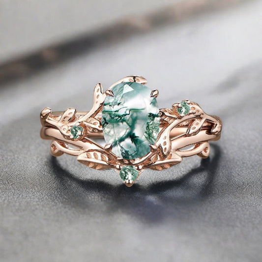 Vintage Oval Cut Moss Agate Engagement Leaf Ring Set Unique Wedding Ring Set Art Deco Bridal Ring Set Stackable Ring