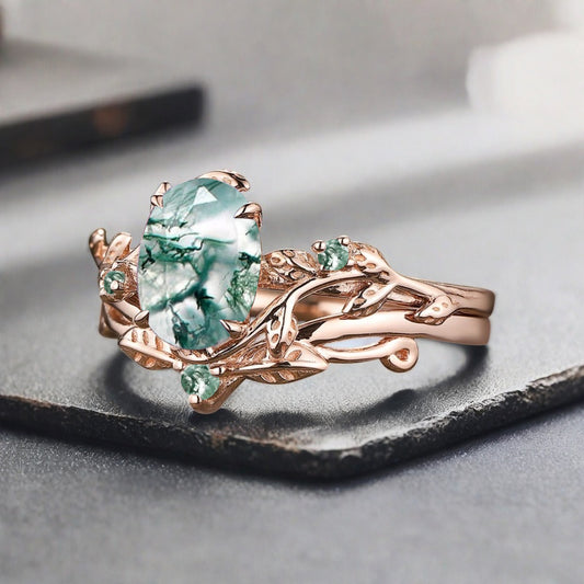 Vintage Oval Cut Moss Agate Engagement Leaf Ring Set Unique Wedding Ring Set Art Deco Bridal Ring Set Stackable Ring
