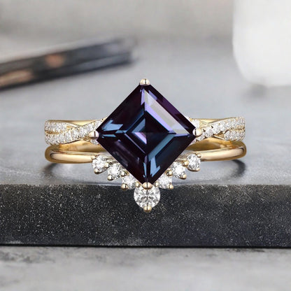 Vintage Princess Cut Ring, Alexandrite Engagement Ring, Sterling Silver Ring, Handmade 18K Gold Art Deco Promise Ring