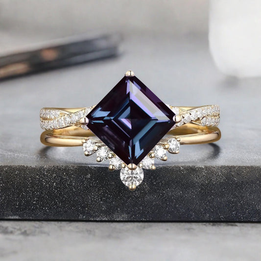 Vintage Princess Cut Ring, Alexandrite Engagement Ring, Sterling Silver Ring, Handmade 18K Gold Art Deco Promise Ring