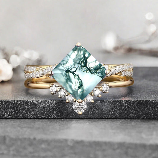 Vintage Princess Cut Ring, Moss Agate Engagement Ring, Sterling Silver Ring, Handmade 18K Gold Art Deco Promise Ring