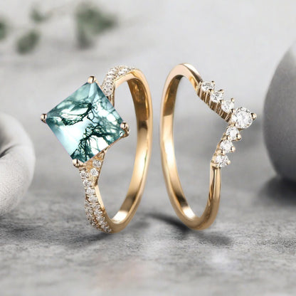Vintage Princess Cut Ring, Moss Agate Engagement Ring, Sterling Silver Ring, Handmade 18K Gold Art Deco Promise Ring