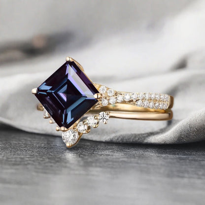 Vintage Princess Cut Ring, Alexandrite Engagement Ring, Sterling Silver Ring, Handmade 18K Gold Art Deco Promise Ring