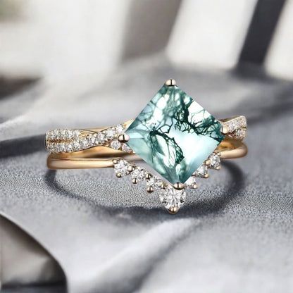 Vintage Princess Cut Ring, Moss Agate Engagement Ring, Sterling Silver Ring, Handmade 18K Gold Art Deco Promise Ring