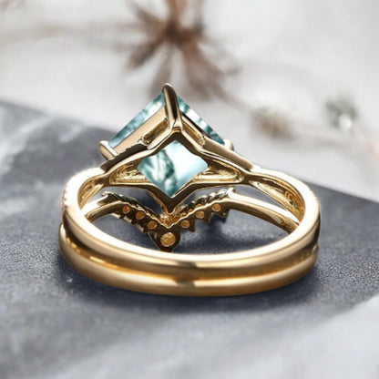 Vintage Princess Cut Ring, Moss Agate Engagement Ring, Sterling Silver Ring, Handmade 18K Gold Art Deco Promise Ring