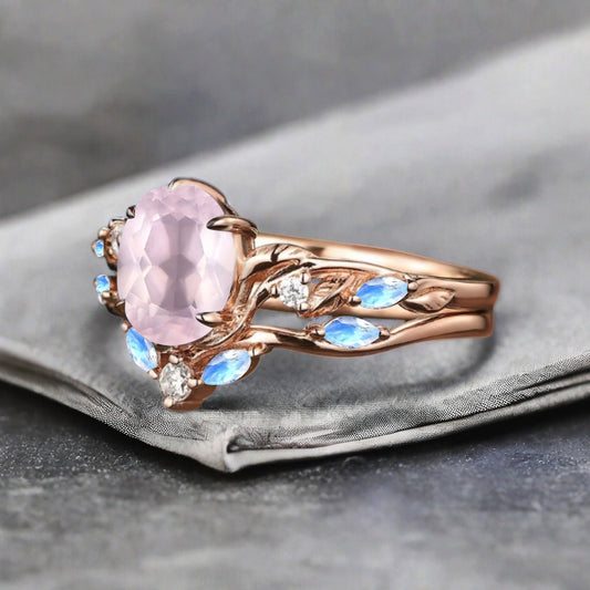 Vintage Oval Cut Pink Sapphire Engagement Moonstone Ring Set Art Deco Bridal Ring Set Stackable Ring