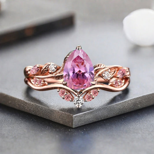 Bague de fiançailles vintage en forme de poire avec aigue-marine, ensemble de bagues de mariage uniques, cadeau d'anniversaire