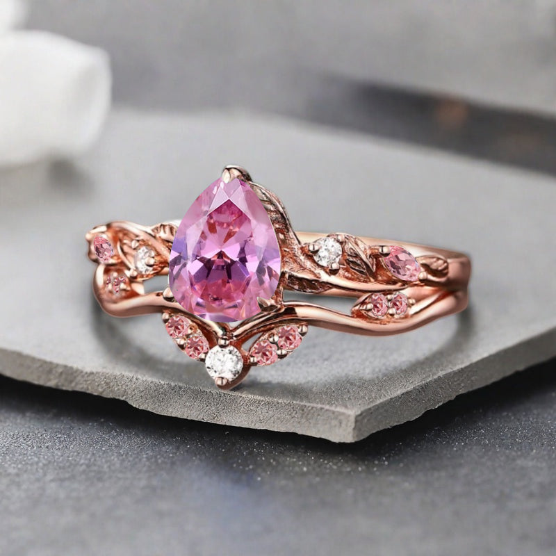 Bague de fiançailles vintage en forme de poire avec aigue-marine, ensemble de bagues de mariage uniques, cadeau d'anniversaire