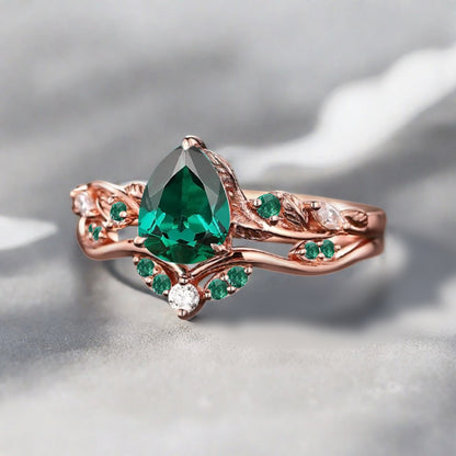 Bague de fiançailles vintage en forme de poire avec aigue-marine, ensemble de bagues de mariage uniques, cadeau d'anniversaire