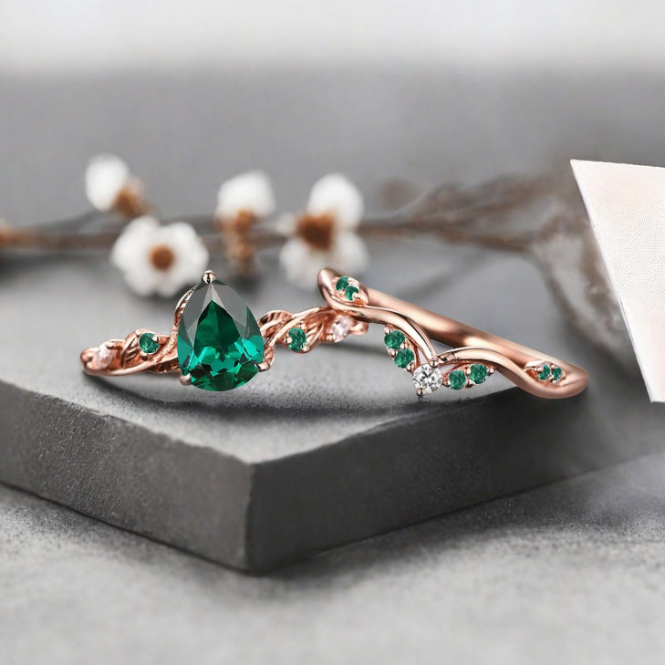 Bague de fiançailles vintage en forme de poire avec aigue-marine, ensemble de bagues de mariage uniques, cadeau d'anniversaire