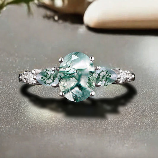 Vintage Oval Moss Agate Engagement Ring Unique Moss Agate Sidestones Oval Gemstone Promise Ring