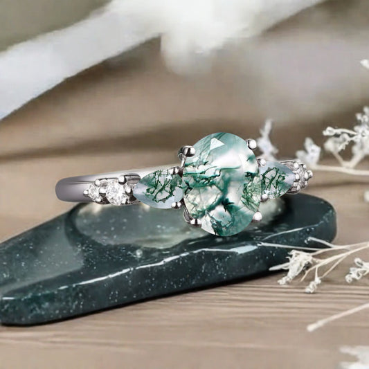 Vintage Oval Moss Agate Engagement Ring Unique Moss Agate Sidestones Oval Gemstone Promise Ring