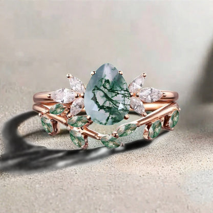 Vintage Birnenform Aquamarin Verlobungsring Set Unikat Versprechen Brautring Set Jubiläumsgeschenk