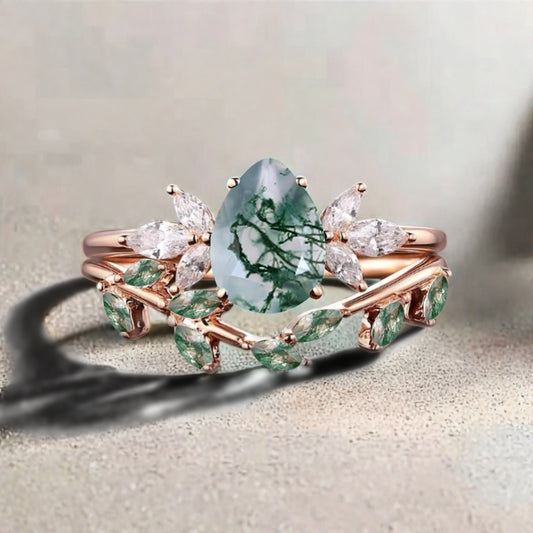 Bague de fiançailles vintage en forme de poire avec aigue-marine, ensemble de bagues de mariage uniques, cadeau d'anniversaire