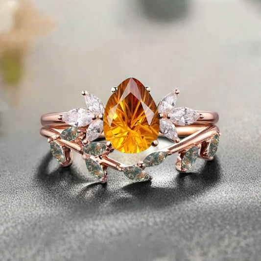 Vintage Pear Shape Citrine Enhancer Ring Set Unique Moissanite Gemstone Promise Bridal Ring Set