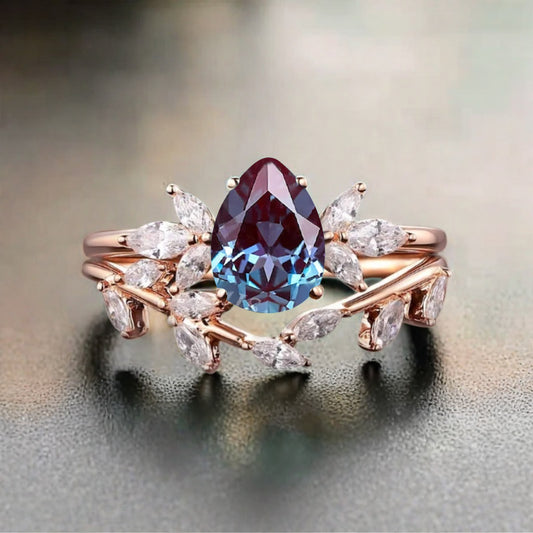 Vintage Pear Shape Alexandrite Enhancer Ring Set Unique Moissanite Gemstone Promise Bridal Ring Set