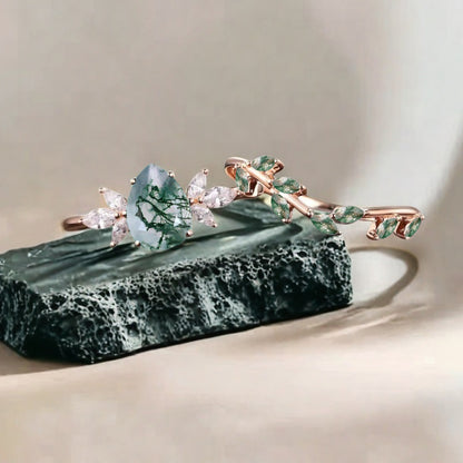 Vintage Birnenform Aquamarin Verlobungsring Set Unikat Versprechen Brautring Set Jubiläumsgeschenk