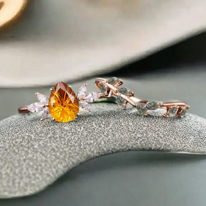 Vintage Pear Shape Citrine Enhancer Ring Set Unique Moissanite Gemstone Promise Bridal Ring Set