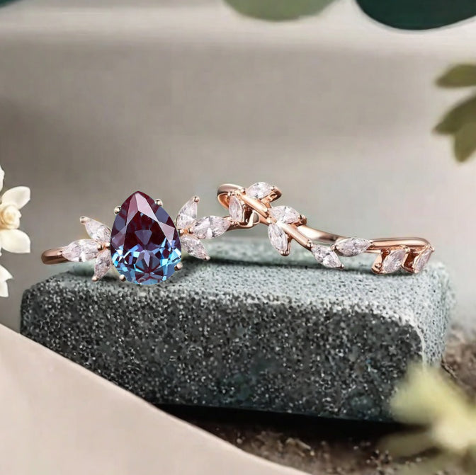 Vintage Pear Shape Alexandrite Enhancer Ring Set Unique Moissanite Gemstone Promise Bridal Ring Set