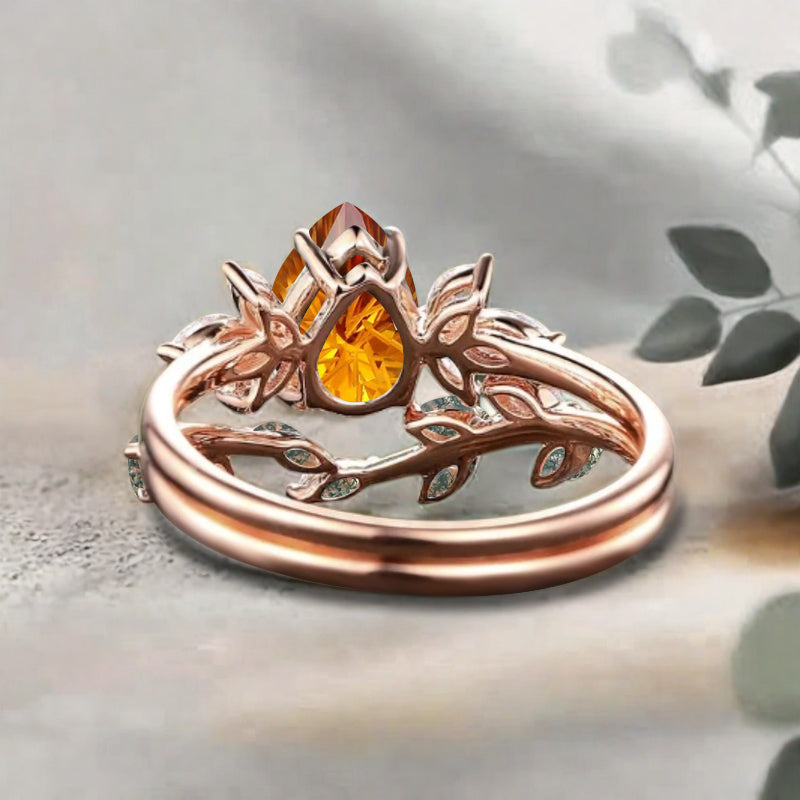 Vintage Pear Shape Citrine Enhancer Ring Set Unique Moissanite Gemstone Promise Bridal Ring Set