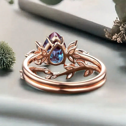 Vintage Pear Shape Alexandrite Enhancer Ring Set Unique Moissanite Gemstone Promise Bridal Ring Set
