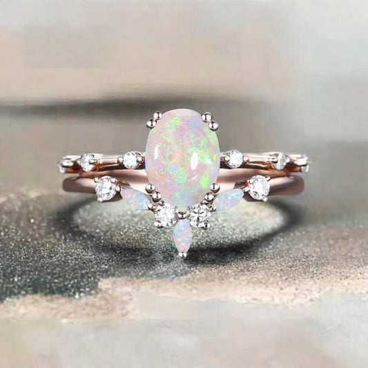 Vintage Oval Shape Opal Enhancer Ring Set Unique Opal Gemstone Promise Bridal Ring Set