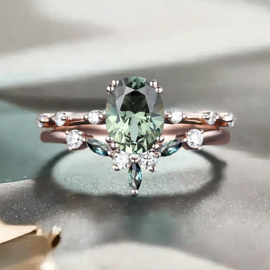 Vintage Oval Shape Tsavorite Enhancer Ring Set Unique Tsavorite Gemstone Promise Bridal Ring Set
