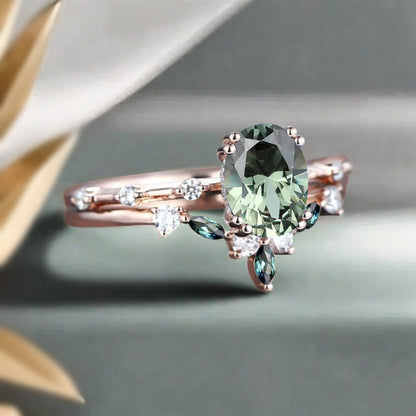 Vintage Oval Shape Tsavorite Enhancer Ring Set Unique Tsavorite Gemstone Promise Bridal Ring Set