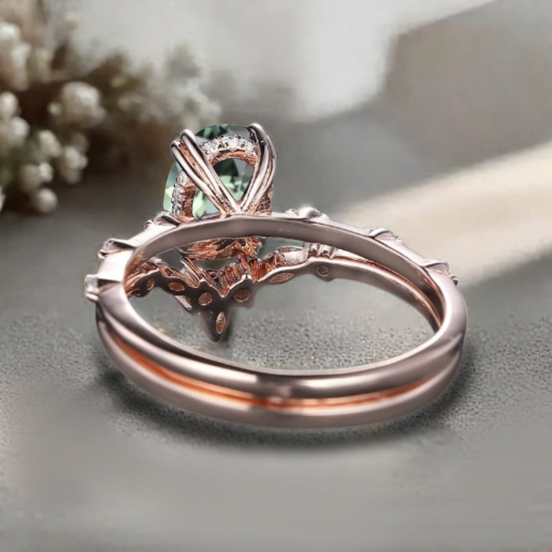 Vintage Oval Shape Tsavorite Enhancer Ring Set Unique Tsavorite Gemstone Promise Bridal Ring Set
