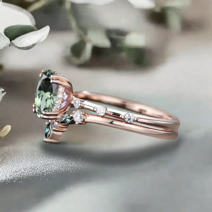 Vintage Oval Shape Tsavorite Enhancer Ring Set Unique Tsavorite Gemstone Promise Bridal Ring Set