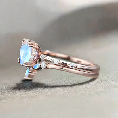 Vintage Birnenform Aquamarin Verlobungsring Set Unikat Versprechen Brautring Set Jubiläumsgeschenk