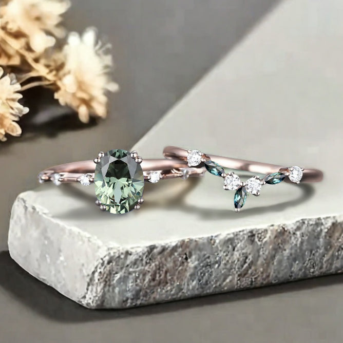 Vintage Oval Shape Tsavorite Enhancer Ring Set Unique Tsavorite Gemstone Promise Bridal Ring Set