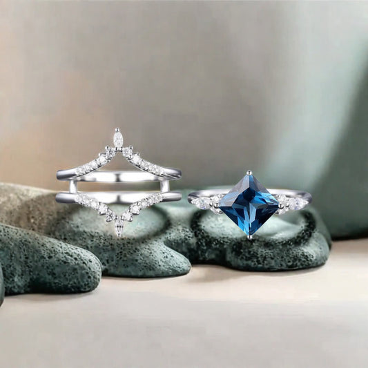 Blue Topaz engagement ring set nature inspired engagement ring Unique Rose gold princess cut ring wedding bridal promise