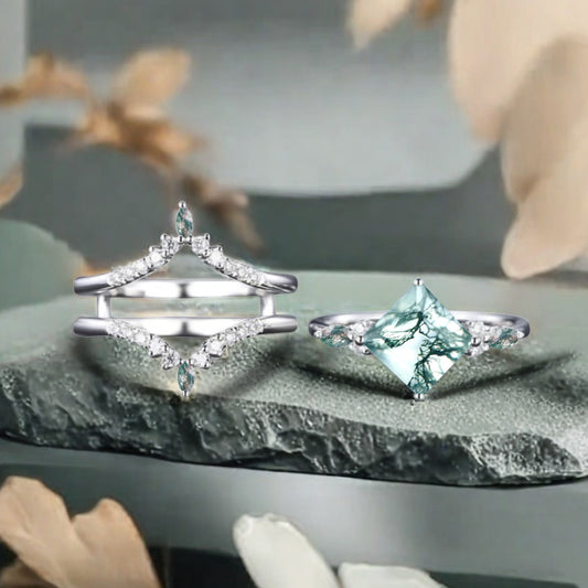 Moss Agate engagement ring set nature inspired engagement ring Unique Rose gold princess cut ring wedding bridal promise