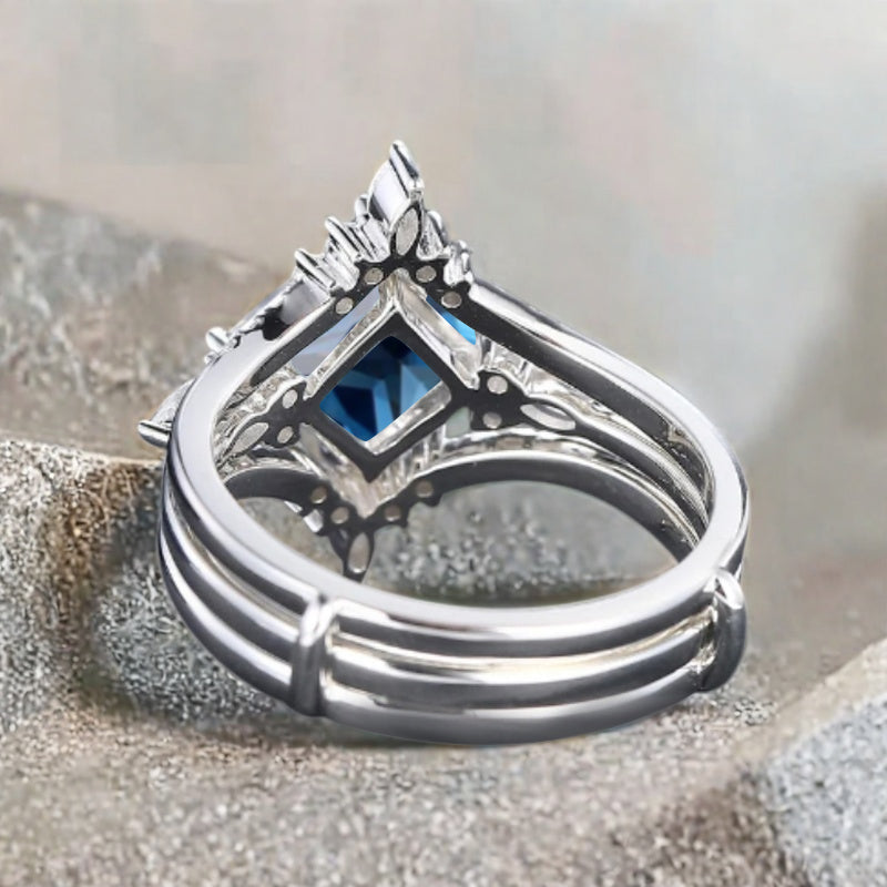 Blue Topaz engagement ring set nature inspired engagement ring Unique Rose gold princess cut ring wedding bridal promise