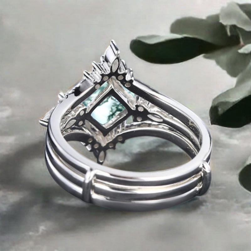 Moss Agate engagement ring set nature inspired engagement ring Unique Rose gold princess cut ring wedding bridal promise