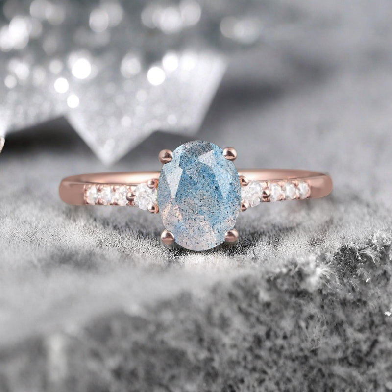 Bague de fiançailles vintage ovale en pierre de lune, bague de promesse unique en opale et moissanite
