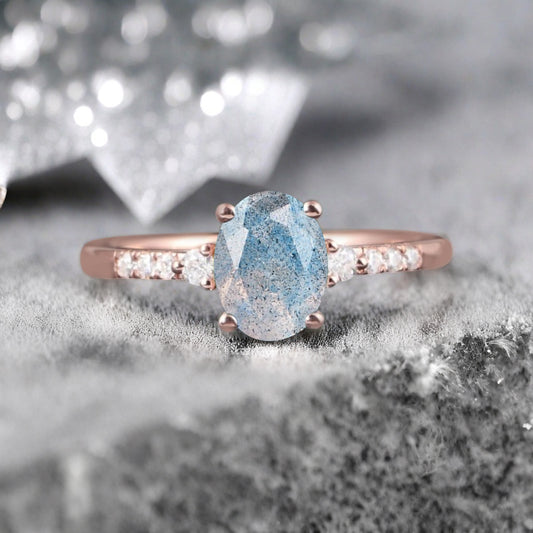 Bague de fiançailles vintage ovale en pierre de lune, bague de promesse unique en opale et moissanite