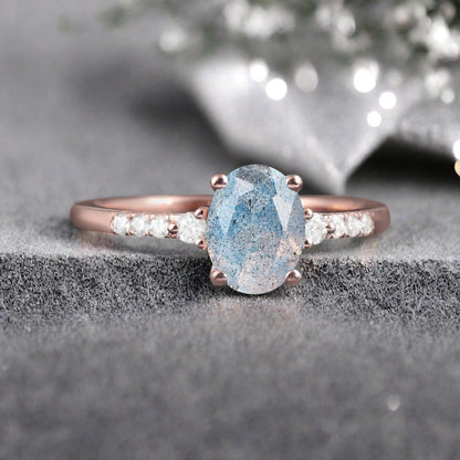 Bague de fiançailles vintage ovale en pierre de lune, bague de promesse unique en opale et moissanite