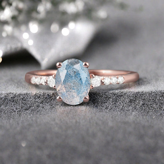 Bague de fiançailles vintage ovale en pierre de lune, bague de promesse unique en opale et moissanite