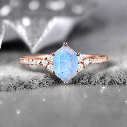 Vintage Unique Labradorite Engagement Ring Solid 14K Gold White-blue Labradorite Ring July Birthstone Ring Delicate Labradorite Gemstone Ring Handmade Bridal Jewelry