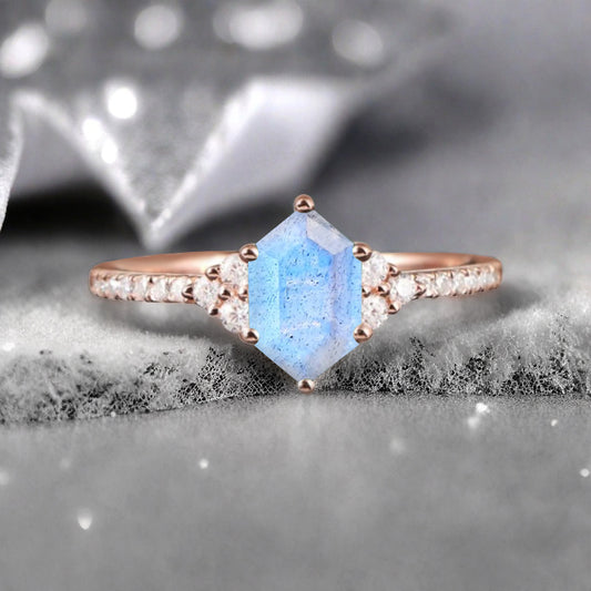 Vintage Unique Labradorite Engagement Ring Solid 14K Gold White-blue Labradorite Ring July Birthstone Ring Delicate Labradorite Gemstone Ring Handmade Bridal Jewelry