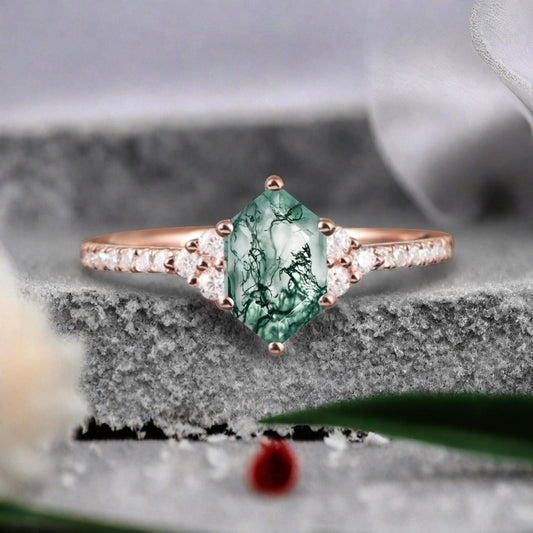 Vintage Unique Moss Agate Engagement Ring Solid 14K Gold Moss Agate Ring July Birthstone Ring Delicate Moss Agate Gemstone Ring Handmade Bridal Jewelry