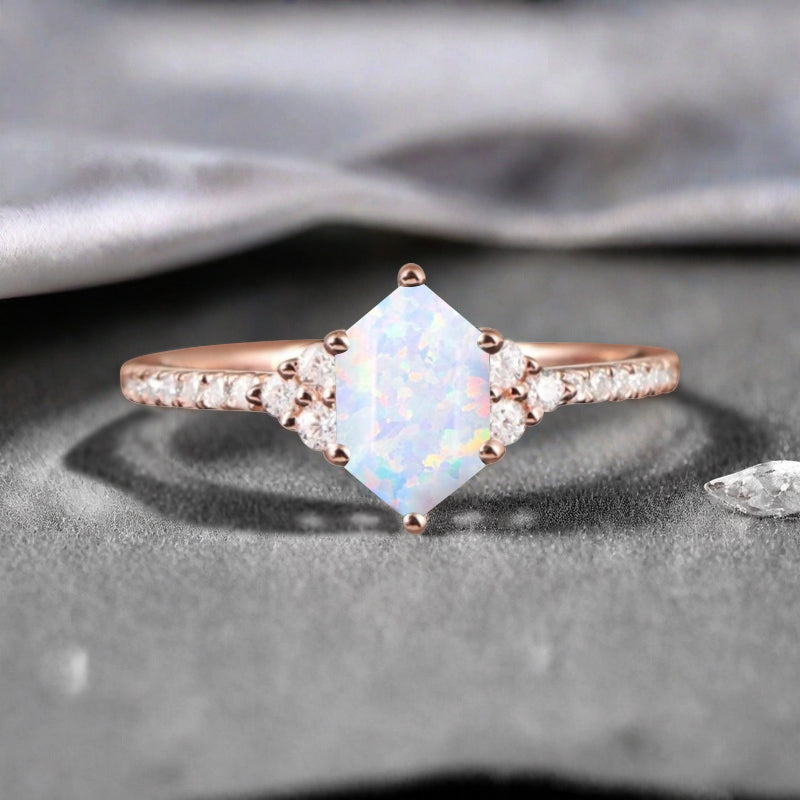 Vintage Unique Opal Engagement Ring Solid 14K Gold White Opal Ring July Birthstone Ring Delicate Opal Gemstone Ring Handmade Bridal Jewelry