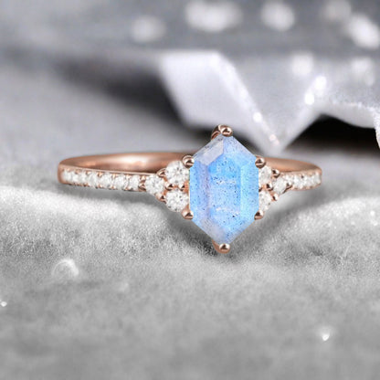 Vintage Unique Labradorite Engagement Ring Solid 14K Gold White-blue Labradorite Ring July Birthstone Ring Delicate Labradorite Gemstone Ring Handmade Bridal Jewelry