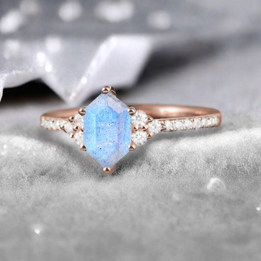 Vintage Unique Labradorite Engagement Ring Solid 14K Gold White-blue Labradorite Ring July Birthstone Ring Delicate Labradorite Gemstone Ring Handmade Bridal Jewelry