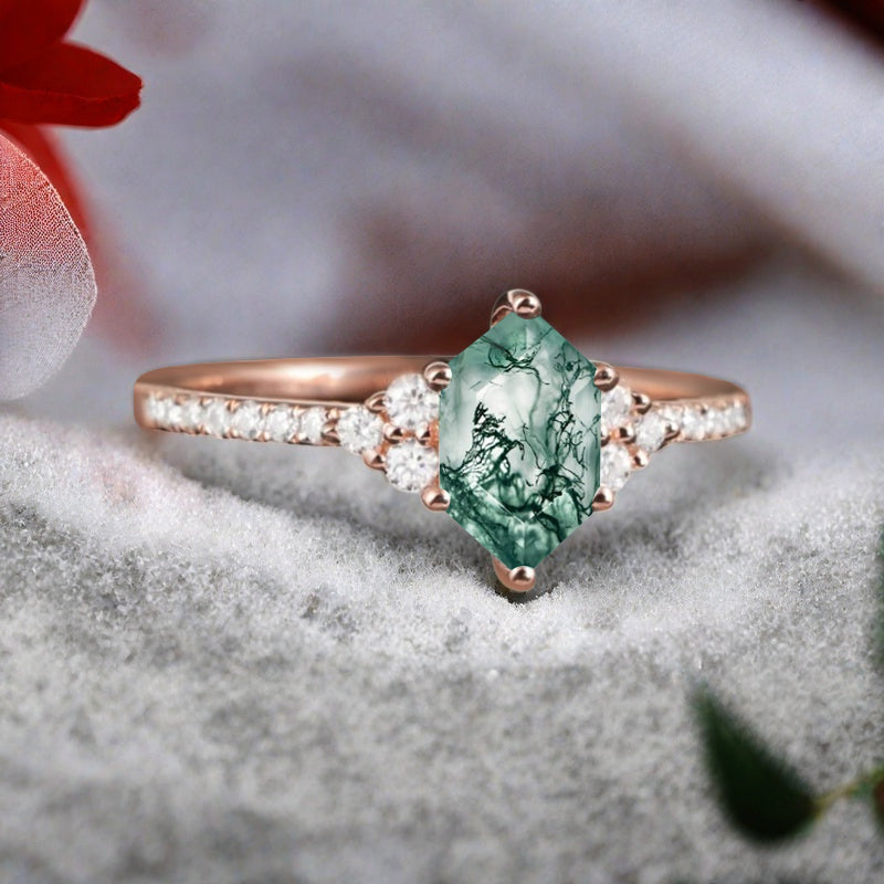 Vintage Unique Moss Agate Engagement Ring Solid 14K Gold Moss Agate Ring July Birthstone Ring Delicate Moss Agate Gemstone Ring Handmade Bridal Jewelry