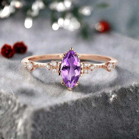 Marquise Cut Amethyst Ring Vintage Solid Gold Engagement Ring Purple Amethyst Ring Unique Moissanite Bridal Wedding Anniversary Gift For Her